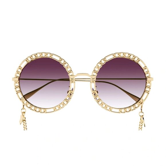 NEW GUCCI ROUND SUNGLASSES GUCCI GG1113S 002 GOLD VIOLET EYEWEAR WITH GOLD CHAIN - Picture 1 of 3